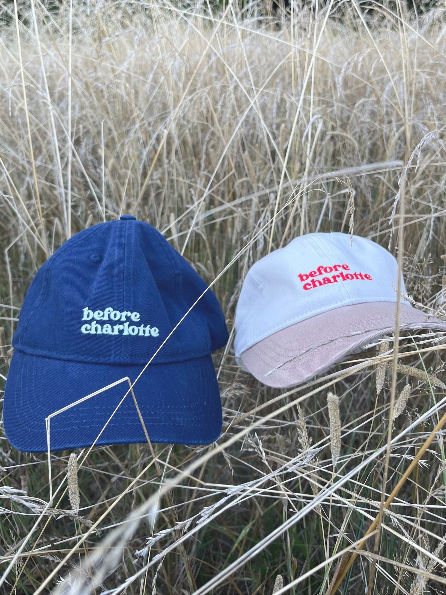 Before Charlotte navy cap and limited edition two-tone beige cap in countryside. 
